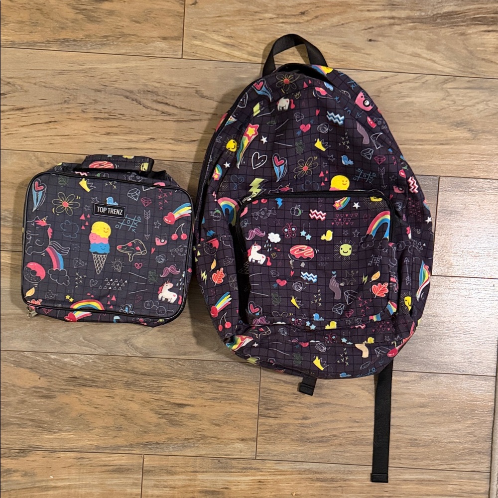 Kids Backpack and Lunchbox Set - Black with Colorful Prints